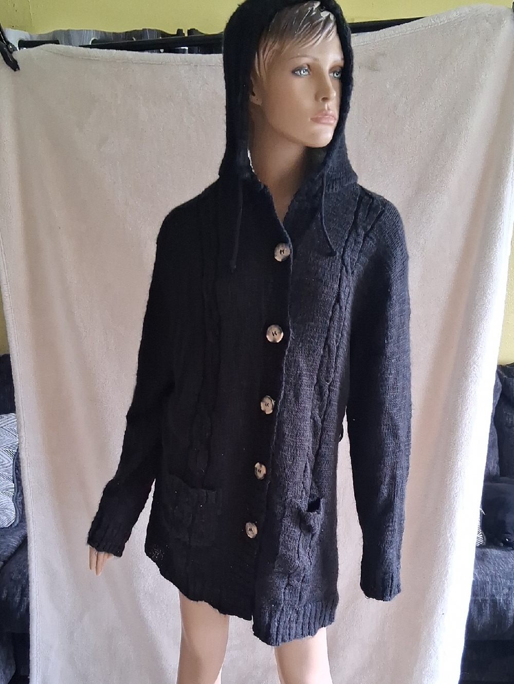 Women's Hooded Black Teddy Jacket with Button Front